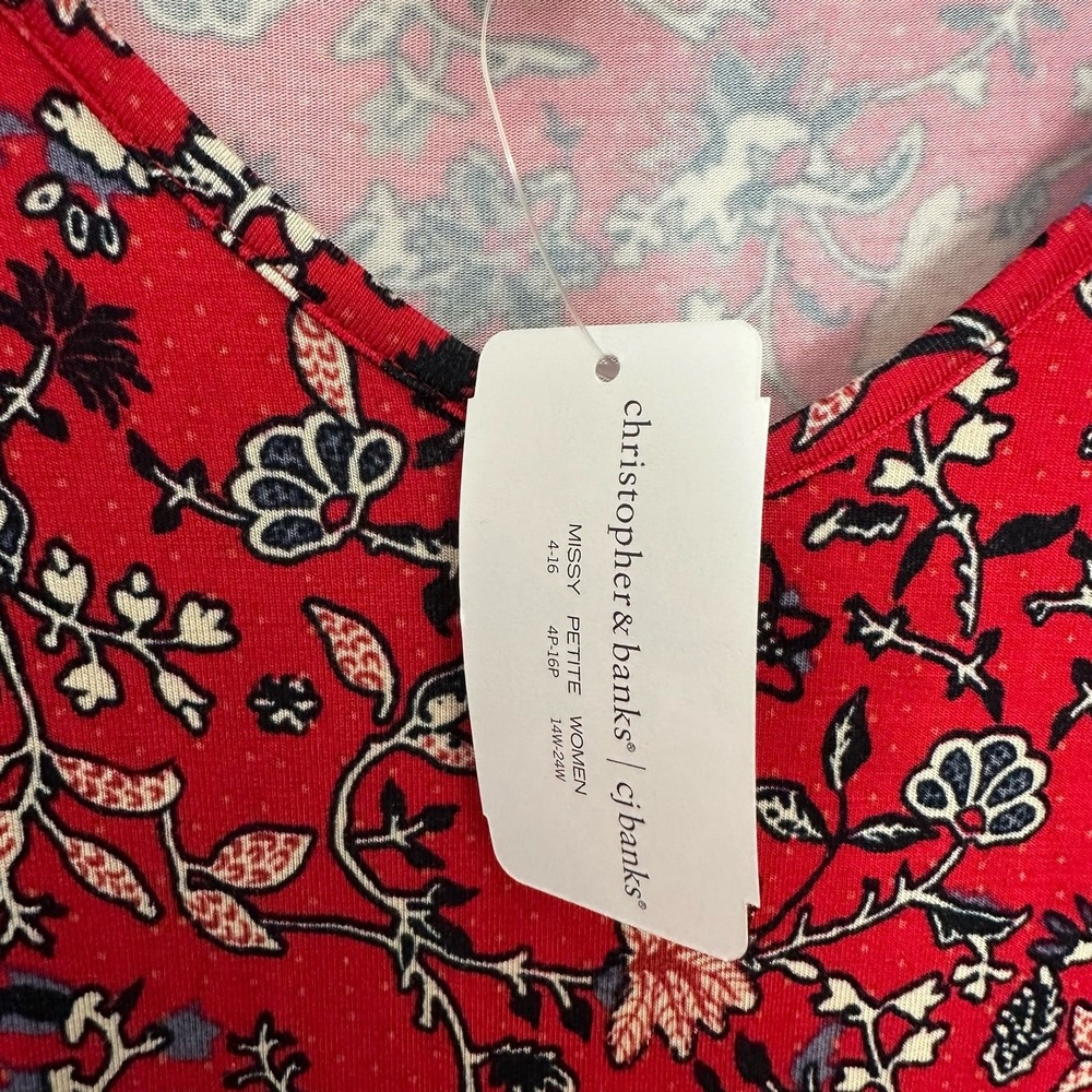 Christopher‎ & Banks Womens XL Dress V Neck Red Floral Stretch Cottage Rayon - Picture 6 of 11